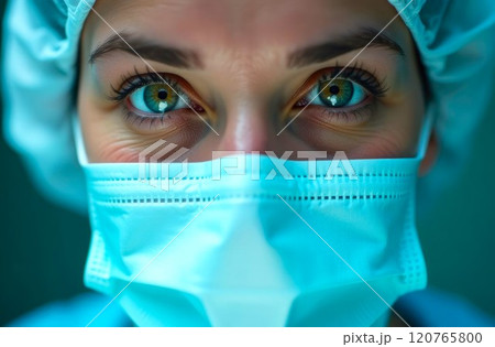 Healthcare worker in medical mask. Close-up portrait of european woman doctor, healthcare professional in protective gear focuses on safety 120765800