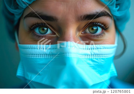 Healthcare worker in medical mask. Close-up portrait of european woman doctor, healthcare professional in protective gear focuses on safety 120765801