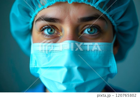 Healthcare worker in medical mask. Close-up portrait of european woman doctor, healthcare professional in protective gear focuses on safety 120765802