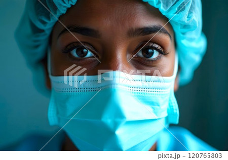 Healthcare worker in medical mask close-up. Portrait of black female, healthcare professional in protective gear focuses on safety 120765803