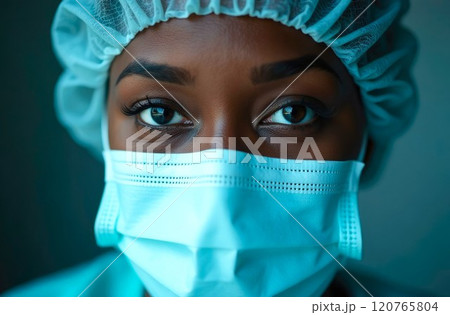 Healthcare worker in medical mask close-up. Portrait of black female, healthcare professional in protective gear focuses on safety 120765804
