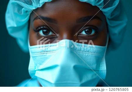 Healthcare worker in medical mask close-up. Portrait of black female, healthcare professional in protective gear focuses on safety 120765805
