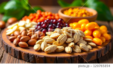 Selection of nuts and seeds rich in plant fats on a wooden board, vibrant and healthy display. Close-up. Plantbased nutrition, healthy food 120765854