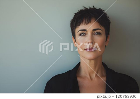 Elegant woman with short dark hair posing against a minimalist background, looking confident and stylish Elegant woman with short dark hair posing against a minimalist background, looking confident and stylish 120765930