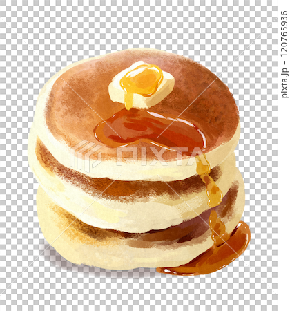 三層煎餅,上面塗有奶油和楓糖漿 三層煎餅,上面塗有奶油和楓糖漿 120765936
