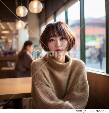 カフェで寛ぐ女性 AI生成画像 カフェで寛ぐ女性 AI生成画像 120765945