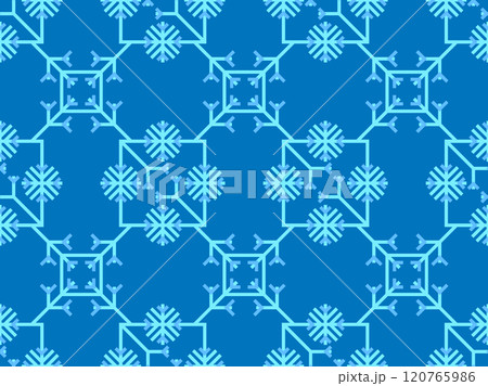 Snowflakes seamless pattern. Winter background with geometric snowflakes of different shapes. Christmas and New Year design for wrapper, banner, and poster. Vector illustration Snowflakes seamless pattern. Winter background with geometric snowflakes of different shapes. Christmas and New Year design for wrapper, banner, and poster. Vector illustration 120765986