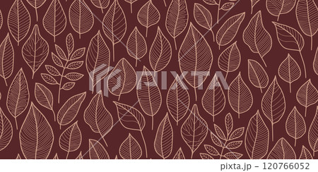 Seamless leaf pattern with fine line art on a rich brown background. Ideal for textiles, wallpapers, gift wrap, branding, digital backgrounds, or eco-friendly product designs. 120766052