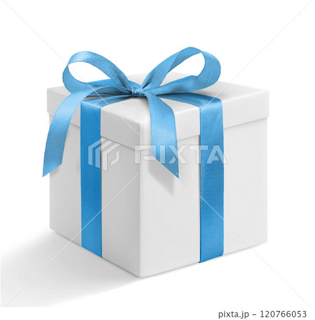 White gift box with blue ribbon and bow on a white background 120766053