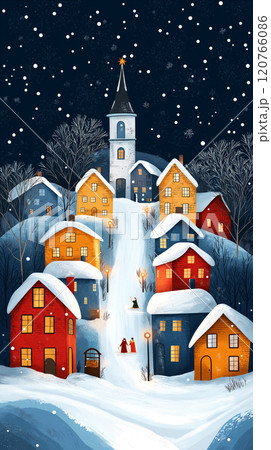 Charming illustration of snow-covered village on peaceful winter night, with colorful houses nestled on hillside leading up to church with glowing star atop its steeple.  120766086
