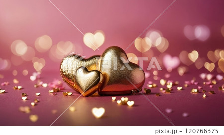 Glittery heart ornament hanging by a ribbon, surrounded by soft bokeh hearts on a pink background. Concept of love and romance. Valentines day background 120766375