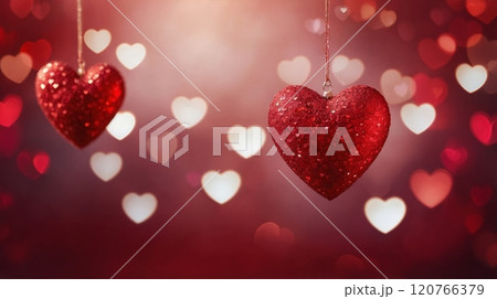 Glittery heart ornament hanging by a ribbon, surrounded by soft bokeh hearts on a pink background. Concept of love and romance. Valentines day background 120766379