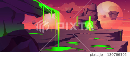 Stones space with green toxic liquid background for banner design. Dark and dangerous rocky land with creepy cavern and poisons flow lake, mountains with glowing water. Vector cartoon illustration Stones space with green toxic liquid background for banner design. Dark and dangerous rocky land with creepy cavern and poisons flow lake, mountains with glowing water. Vector cartoon illustration 120766593