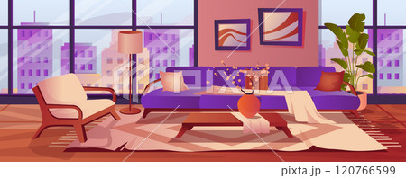 Living room background for banner design. Room interior in modern japanese style with sofa, armchair, table, cherry blossom in vase, lamp, big windows with cityscape view. Vector cartoon illustration 120766599