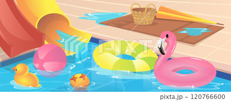 Aqua park swimming pool background for banner design. Summer vacation scene at pool with float rubber toys, inflatable flamingo and duck, tunnel and tube water slides. Vector cartoon illustration 120766600