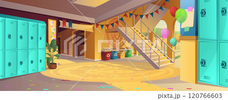 School hallway interior with holiday decor background for banner design. Empty lobby room with closed lockers, doors in classes, stairway, festive garlands and balloons. Vector cartoon illustration 120766603