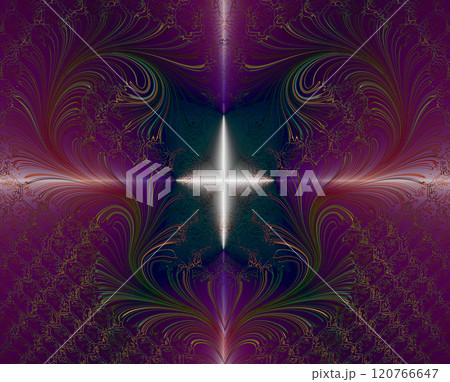 A delicate multi-colored pattern with a white star glowing inside. Four-pointed star emitting light rays on a lilac background. Abstract image. A delicate multi-colored pattern with a white star glowing inside. Four-pointed star emitting light rays on a lilac background. Abstract image. 120766647