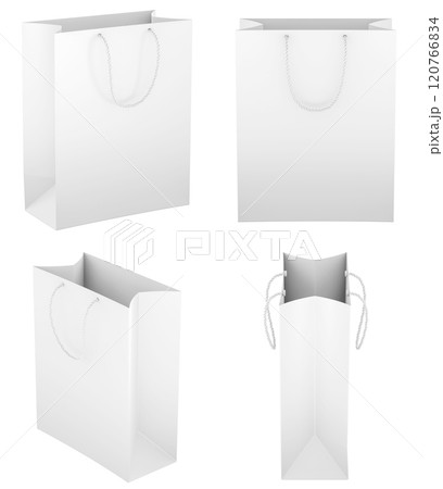 White shopping bags, different views. Template, mockup. 3D rendering 120766834