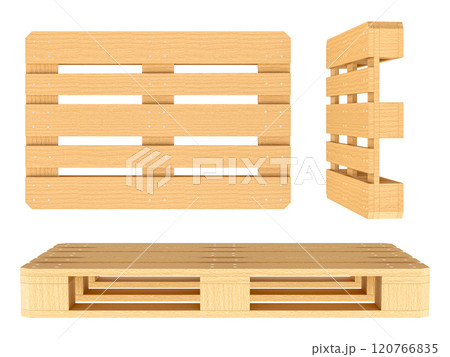 Wooden Pallets, side and front views. 3D rendering Wooden Pallets, side and front views. 3D rendering 120766835