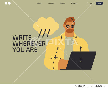 Writing people, modern flat vector concept illustration- sitting man thoughtfully writing on laptop, bubble near head Metaphor for reflection, personal insight, contemplation, creative expression 120766897