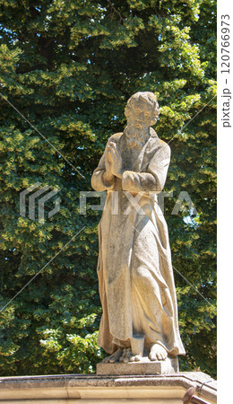 Castle, Nitra, Slovakia - 06.12.2022: Sculpture of a holy man in the castle in Nitra, Slovakia. 120766973
