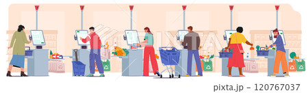 People customers using self-checkout service buying groceries food at supermarket cartoon scene 120767037