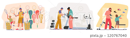 Diverse people cartoon characters making purchases shopping at sports goods store scene set 120767040