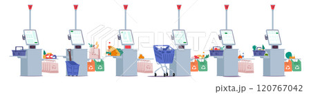 Self-service and contactless payment checkout terminal with digital touch screen in supermarket Self-service and contactless payment checkout terminal with digital touch screen in supermarket 120767042