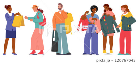 Diverse people characters standing in queue paying for clothing communicating with shop assistant Diverse people characters standing in queue paying for clothing communicating with shop assistant 120767045
