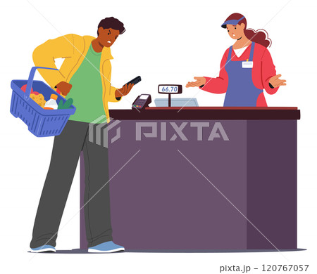 Angry annoyed man customer having troubles with contactless payment at supermarket checkout desk 120767057