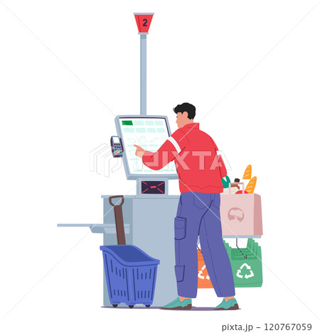 Young man customer cartoon character making purchases with automatic retail self-checkout service 120767059