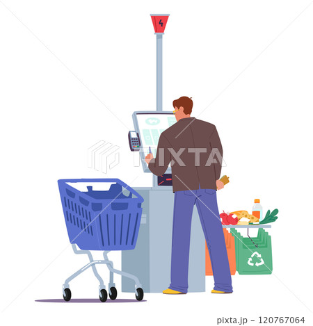Man customer cartoon character using self-service terminal at supermarket for shopping scene 120767064