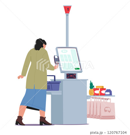 Woman customer buying groceries food product using automated electronic self-checkout kiosk 120767104