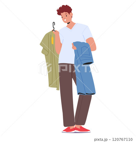 Teenager guy customer cartoon character carrying t-shirt and jeans pants ready to buy purchases 120767110