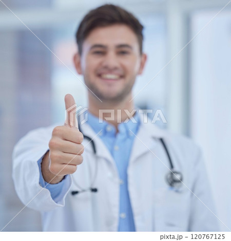 Portrait, doctor and thumbs up in hospital for success, welcome and thank you. Trust, support or medical worker with hand sign or gesture for approval, agreement or yes for healthcare in clinic alone Portrait, doctor and thumbs up in hospital for success, welcome and thank you. Trust, support or medical worker with hand sign or gesture for approval, agreement or yes for healthcare in clinic alone 120767125