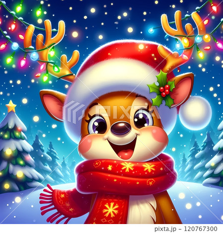 Joyful reindeer wearing Santa hat and scarf stands in a winter wonderland with colorful lights snow 120767300