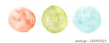 Light delicate set of artistic textured bright coral red, turquoise blue and olive green watercolor painting round shapes. Hand painted watercolour circle stains for banner design, greeting cards Light delicate set of artistic textured bright coral red, turquoise blue and olive green watercolor painting round shapes. Hand painted watercolour circle stains for banner design, greeting cards 120767523