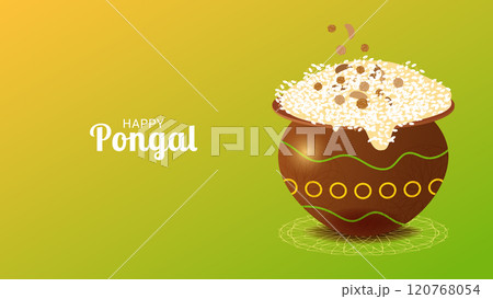 Happy Pongal harvest festival in India celebrate background. Sweet Rice dish. Template for celebration postcard discount banner flyer. Vector illustration. 120768054