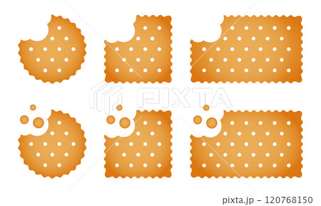 Set of whole and bitten crackers with crumbs. Sweet or salty biscuit cookies in round, square and rectangle shapes. Popular crunchy snacks isolated on white background. Vector cartoon illustration Set of whole and bitten crackers with crumbs. Sweet or salty biscuit cookies in round, square and rectangle shapes. Popular crunchy snacks isolated on white background. Vector cartoon illustration 120768150