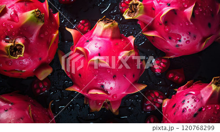 Fresh ripe dragon fruits with water drops background. Fruits backdrop. Generative AI Fresh ripe dragon fruits with water drops background. Fruits backdrop. Generative AI 120768299