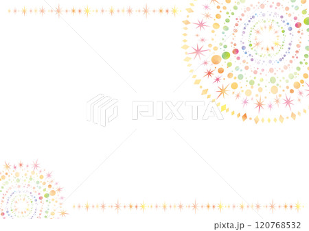 花火のような水彩風のドットで飾られた白い背景-横型 120768532
