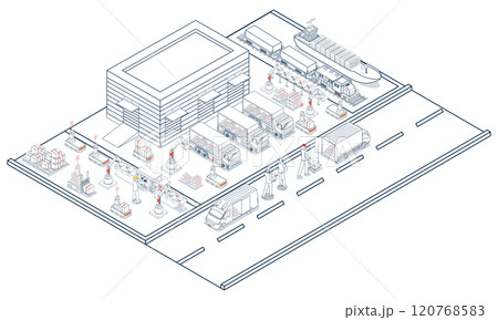 Smart logistics solutions integrate delivery robots, warehouse management, and transportation to optimize the entire supply chain process. Vector illustration eps10 120768583