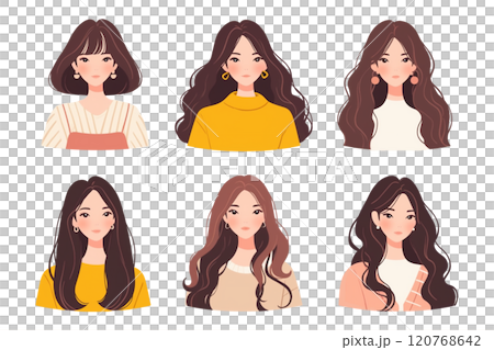 Set of facial expressions of a young woman with long hair 120768642