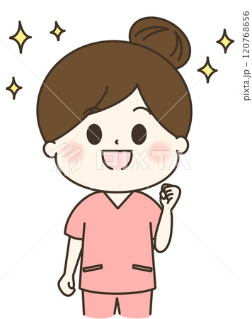 キラキラと笑顔のスクラブの女性のゆるかわイラスト 120768656