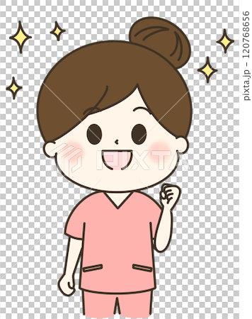 キラキラと笑顔のスクラブの女性のゆるかわイラスト 120768656
