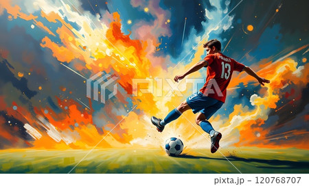 silhouette of football player kicking ball 120768707