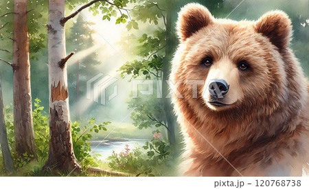 森の中のクマの水彩画イラスト - 温かみのあるナチュラルアート 120768738
