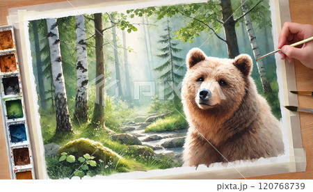 森の中のクマの水彩画イラスト - 温かみのあるナチュラルアート 120768739