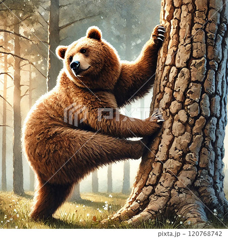 森で木を引っかくクマの水彩画 - 力強い野生動物の瞬間を描く 120768742