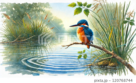 静かな水辺にたたずむカワセミの水彩画 - 自然の美を描いたアート 静かな水辺にたたずむカワセミの水彩画 - 自然の美を描いたアート 120768744